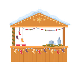 Christmas market stall kiosk with fastfood snacks. Traditional winter fair marketplace with snow on top, stockings and garland decoration. Wooden kiosk with takeaway bowls and jar with hot drinks