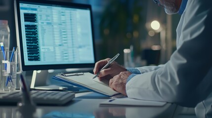 Medical Professional Analyzing Data on Computer and Taking Notes