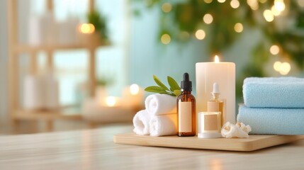 A relaxing spa scene with a massage table, candles, and essential oils, evoking a sense of calm and rejuvenation