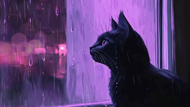 cozy Black cat standing in the window side, rain condition, seamless video animation	