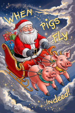 Santa Claus rides a sleigh pulled by two flying pigs, set against a starry night sky, with the phrase "When pigs fly" humorously illustrated, highlighting an impossible yet festive scenario.
