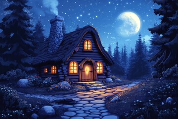 Fototapeta premium A Cozy Cabin in a Starlit Forest