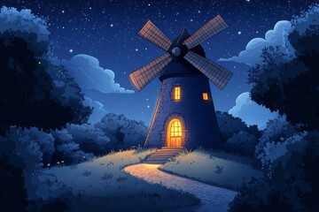 Nighttime Mill Under a Starry Sky
