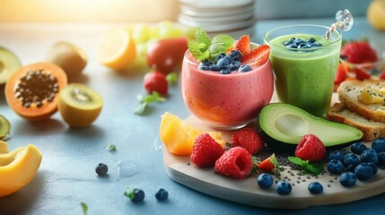 A vibrant and healthy breakfast spread, including avocado toast, fresh fruits, and a smoothie bowl, on a sunlit table