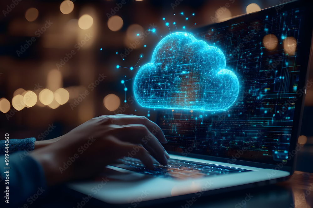 Poster a person using a laptop with a glowing cloud symbolizing cloud computing and technology in a modern 