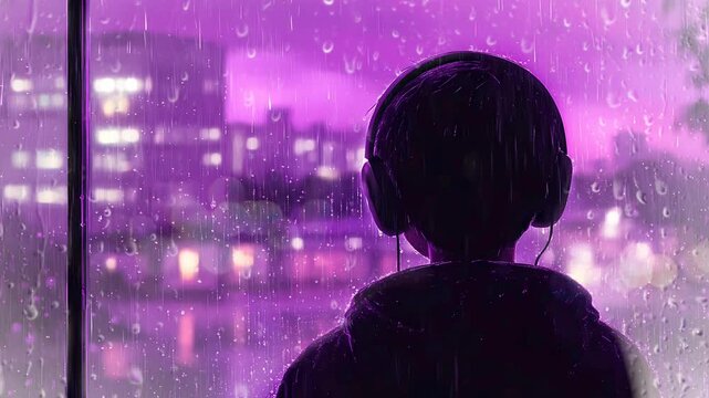 anime style It's a rainy night and a silhouette boy with headphone is looking out the window village view