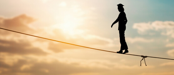 A brave figure walks on a tightrope against a beautiful sunset, symbolizing balance, courage, and the pursuit of dreams.