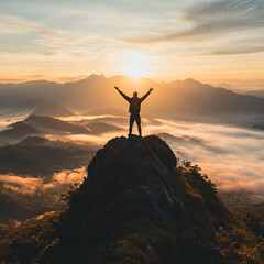 Man Standing on Mountain Peak at Sunrise.