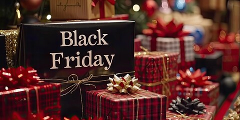 Festive Black Friday sale banner with decorative text and holiday elements on a black background