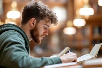 Fototapeta premium Profile view of a university student deeply engaged in reading a book in a softly lit library setting.