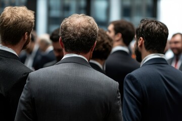 Fototapeta premium A group of professional individuals in suits networking at an event, showcasing modern corporate relationships and collaboration.
