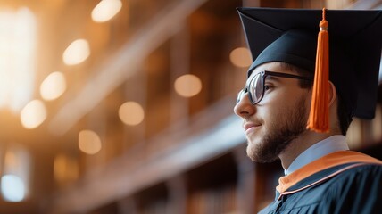 Profile view of a university student smiling during graduation ceremony.