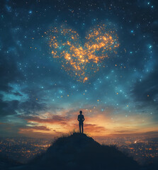 Fototapeta premium A person gazes at a starry sky illuminated by a heart-shaped constellation, evoking feelings of love and wonder.