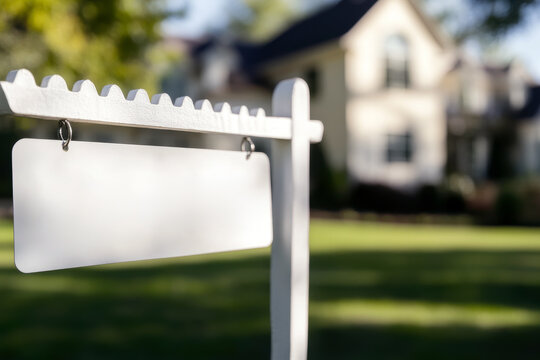 A blank signpost in front of a beautiful house, perfect for real estate listings or personalized messages.