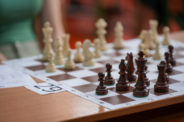 a chessboard on which pieces stand, chess game on a table