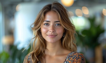 Fototapeta premium full body business indian woman smart big eyes charming white woman smile in modern office friendly attractive.