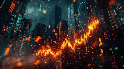 Fototapeta premium Cityscape with a Burning Stock Market Graph
