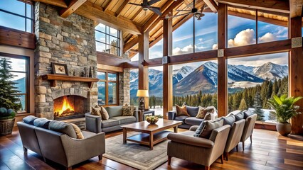 Fototapeta premium Cozy mountain home interior features rustic wooden beams, stone fireplace, and plush furnishings amidst floor-to-ceiling windows showcasing breathtaking snow-capped mountain vista.