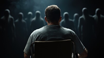 A solitary figure sits in a dark room facing ghostly silhouettes, evoking mystery and suspense in a chilling atmosphere.