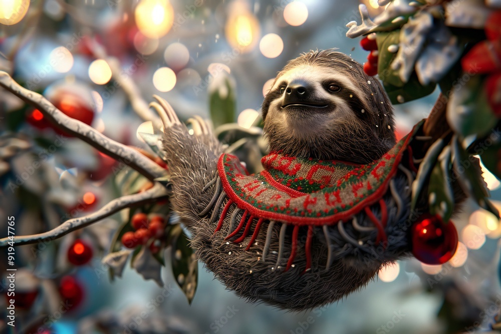 Wall mural Cheerful 3D render of a sloth character in a festive sweater, hanging from a decorated branch , created ai