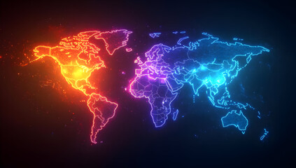 Illuminated world map in vibrant colors, showcasing continents with a modern, digital glow, perfect for tech-related themes.