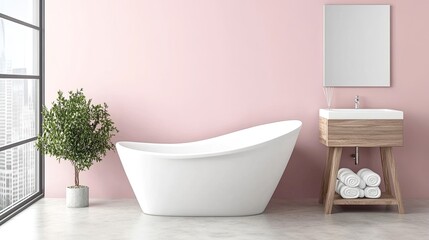 Fototapeta premium A modern bathroom showcases a freestanding bathtub, round mirror, and wooden cabinet, blending minimalism with Japandi design elements in a tranquil setting