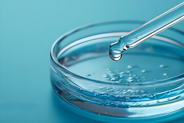 Close-up of a dropper releasing liquid into a petri dish, showcasing laboratory science and experimentation on a blue background.