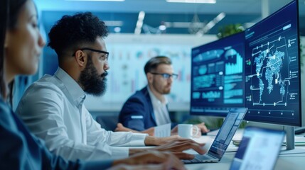 A group of people are working on a computer screen with a map of the world