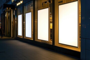 A series of empty Bright White Lightboxes Adorning Modern Storefront, Invitation to Explore Within