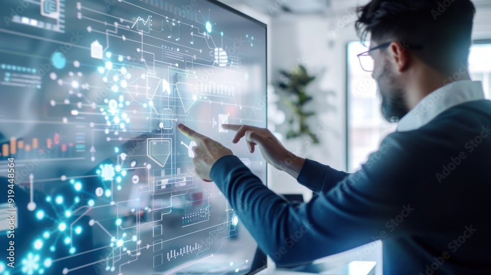 Poster a man is pointing at a computer monitor displaying a complex network of data