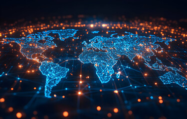 Obraz premium A digital representation of a glowing world map with interconnected networks, symbolizing global connectivity and technology.