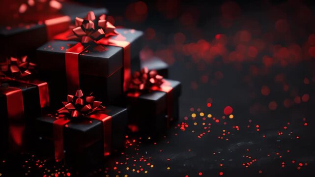 Black gift boxes with red ribbons surrounded by red bokeh lights