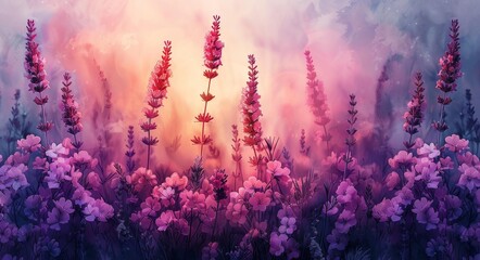 Naklejka premium Pink Flower Field Sunset, Digital Art Print