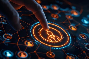 A finger points at a glowing icon of a person on a digital network, representing human connection and interaction in the digital world.