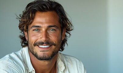 Obraz premium a closeup photo portrait of a handsome latino man smiling with clean teeth for a dental ad guy with long stylish hair,beard with strong jawline isolated on white background.