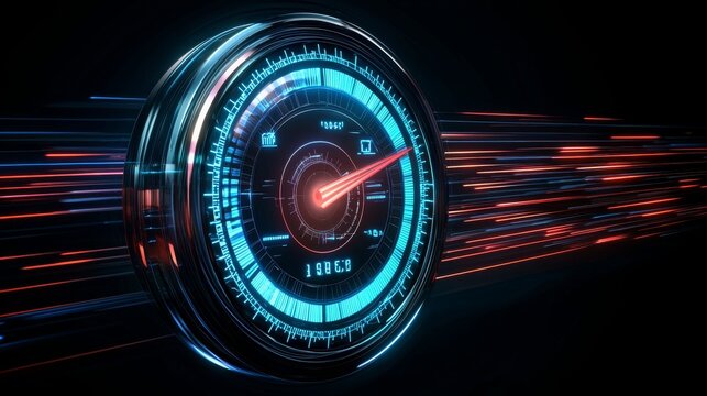 semi close-up, holographic internet speed meter displaying maximum bandwidth, sleek and modern digital interface, glowing neon colors, copy space for text,