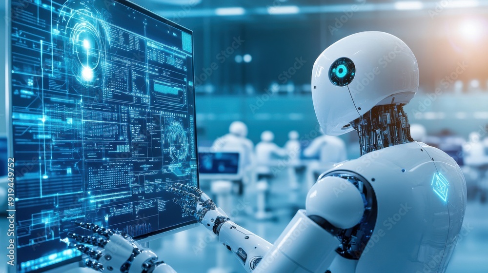 Poster a robot is sitting in front of a computer monitor