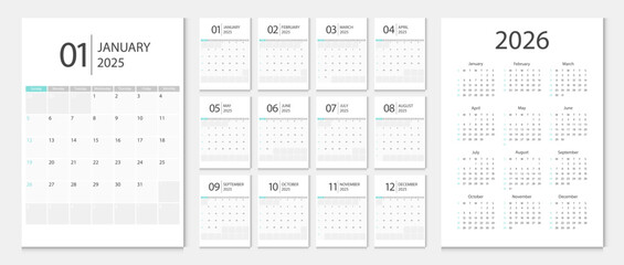 Calendar 2025, calendar 2026 week start Sunday corporate design template vector. Desk calendar planner.