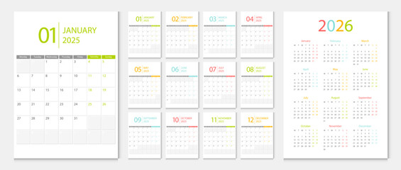 Calendar 2025, calendar 2026 week start Monday corporate design template vector. Desk calendar planner.