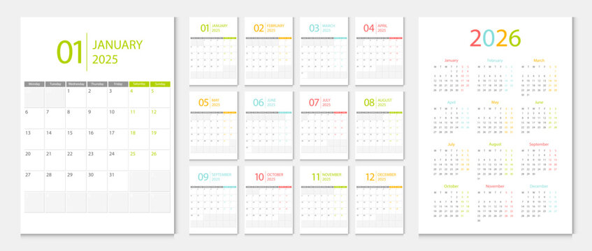 Calendar 2025, calendar 2026 week start Monday corporate design template vector. Desk calendar planner.