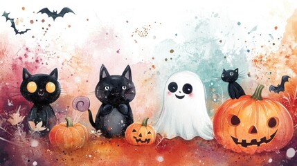 Fototapeta premium Illustration of Halloween-themed characters, including black cats, a ghost, pumpkins, and bats, in a festive, autumn-inspired setting with a whimsical touch.