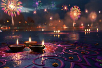 Colorful 3D render of a Diwali festival with lit diyas, rangoli designs, and fireworks in the night sky , created ai