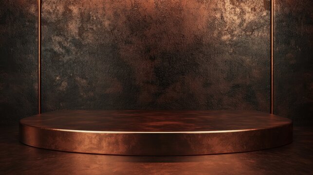 Burnished Copper Retro Futurism Display, a stage pedestal featuring rich burnished copper and deep brown leather inlays, ideal for showcasing cosmetic products in a stylish setting.