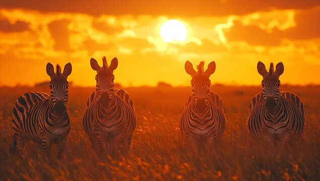 A stunning sunset silhouette of four zebras standing gracefully in a golden grassland, showcasing nature's beauty and tranquility.