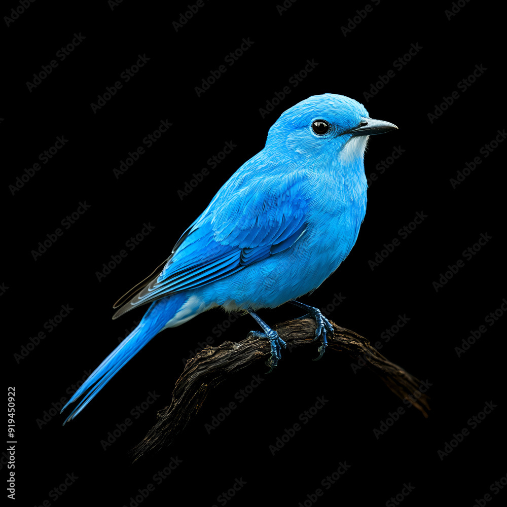 Wall mural blue bird on branch isolated on black background.