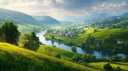 Peaceful countryside scene with a winding river, vibrant meadows, and a picturesque village in the distance