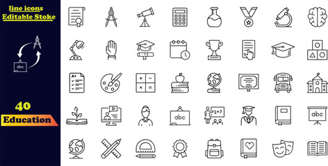 Back to school icon set with 40 different vector icons related with education, success, academic subjects and more.