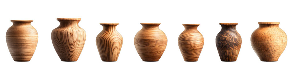 A beautifully arranged set of wooden vases, each uniquely shaped and featuring a variety of rich wood tones and textures Isolated in transparent background.