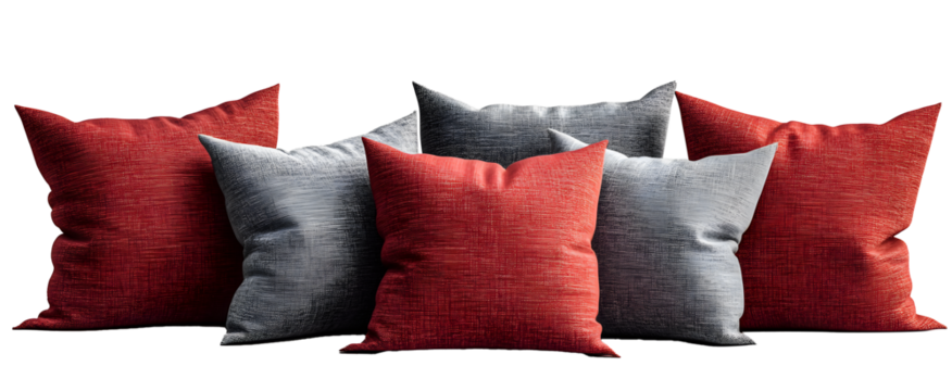 A collection of six decorative pillows in rich red and sophisticated grey tones Isolated in transparent background