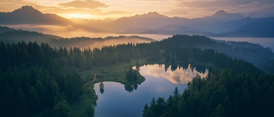 Majestic mountain range with crystal-clear lakes and misty forests at dawn, a tranquil landscape